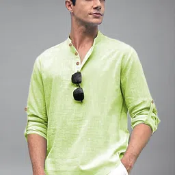 KNOWTED Mandarin Collar Roll-Up Sleeves Straight Short Kurta-image-87