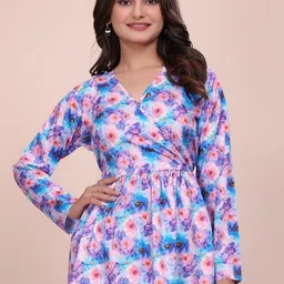 glam couture Casual Regular Sleeves Printed, Floral Print Women Blue Top-picture-10