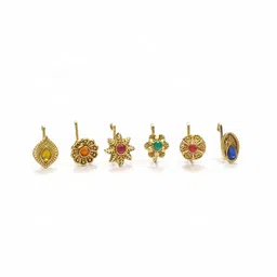 I Jewels Set of 6 Gold-Plated Artificial Stones Studded And Beaded Stud Nosepin image 3