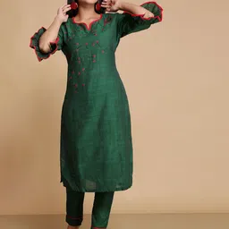 WoodenTant Floral Embroidered Thread Work Pure Cotton Straight Kurta With Trouser image 1