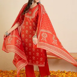 Indo Era Women Ethnic Motifs Printed Regular Thread Work Pure Cotton Kurta with Trousers & With Dupatta image 5