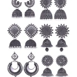 Sangria Set Of 6 Silver Plated Oxidized Jhumka Earrings image 5