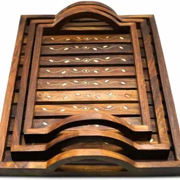 ada handicraft Sheesham Wooden with Designed Brass Engraving Rectangular Shape Serving Trays | Tray image 3