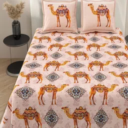 INDRA'S Peach-Coloured & Yellow 160 TC King Bedsheet with 2 Pillow Covers image 3