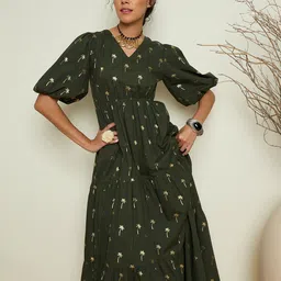 Pink Paprika by SASSAFRAS Tropical Printed Puff Sleeve Fit & Flare Midi Dress image 3