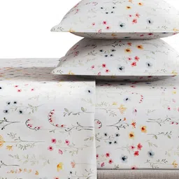 haus & kinder Off White & Blue Floral 210 TC King Bedsheet with 2 Pillow Covers image 2