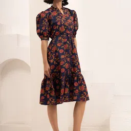 DressBerry Women Floral Printed Puff Sleeve Crepe Drop-Waist Midi Dress image 2