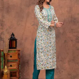 INAVISH Floral Pinted Round Neck Thread Work Straight Kurta image 4