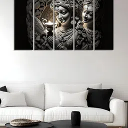 RANDOM Vinyl Grey & Black 5 Piece Radha Krishna Religious Canvas Wall Paintings image 4