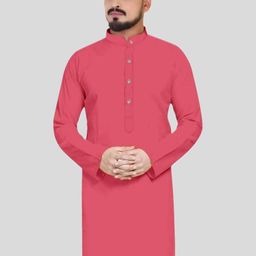 ANUJ FASHION Men Pink Solid Cotton Mandarin Collar Straight Kurtas-picture-5