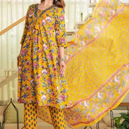 WILL BOTTOM Women Floral Printed Cotton A-Line Kurta with Trousers & Dupatta image 2