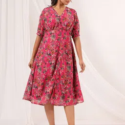 Janasya Women Floral Print Puff Sleeve Georgette A-Line Midi Dress-image-46