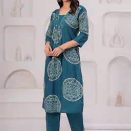KALINI Ethnic Motifs Printed Pleated Mirror Work Pure Cotton Kurta With Trousers image 2