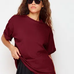 Trendyol Women Solid Round Neck Pure Cotton Oversized T-shirt-image-68