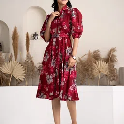AASK Floral Printed Puff Sleeve Fit & Flare Dress with Belt-picture-31