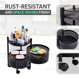 Myntra Elegant Homes Black Metal 2-Layer Rotating Storage Rack Trolley With Wheels image 5