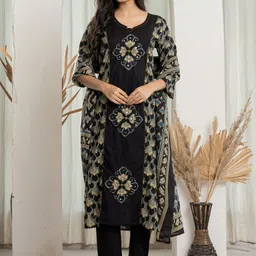 NAVYAAZRI Women Ethnic Motifs Printed Cotton Kurta with Trousers & Dupatta-picture-36