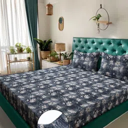 KLOTTHE Grey & White Floral 300 TC Fitted Double Bedsheet With Pillow Covers - 2.50mx2.25m-picture-29