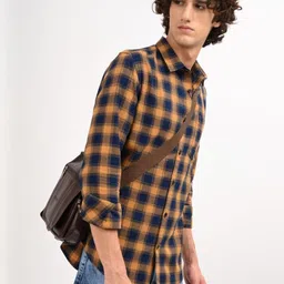 Blu MNKY Classic Slim Fit Checked Spread Collar Long Sleeves Pure Cotton Shirt-picture-16