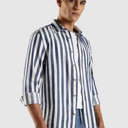 Tommy Hilfiger Vertical Stripes Striped Spread Collar Cotton Linen Shirt image 4