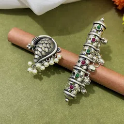 ATIBELLE Set Of 2 Silver-Plated Stone-Studded & Beaded Finger Rings-picture-23