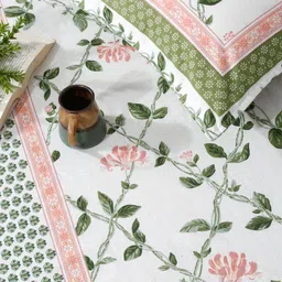 Rajasthan Decor White & Green Floral 210TC Cotton Super King Bedsheet Set 2.70 m x 2.70 m-image-25