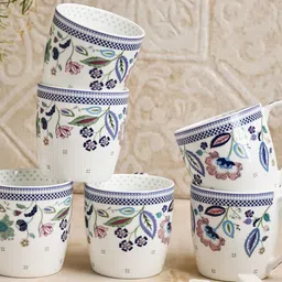 CLAY CRAFT White & Blue 6 Pieces Printed Ceramic Glossy Mugs image 5