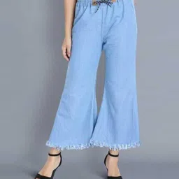 emmy word Women Flared Light Blue Cotton Blend Trousers-picture-15