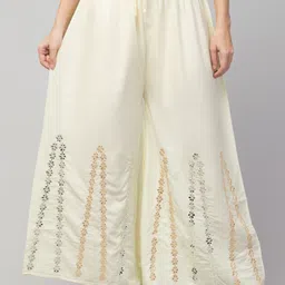 fambee Women Flared Cream Viscose Rayon Trousers image 1