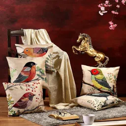 eric london Multicolor Jute Birds Printed 16x16 inches Cushion Covers (Pack of 5) image 1