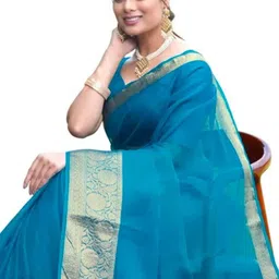 ss sarees Solid/Plain, Woven, Striped Banarasi Organza Saree image 1