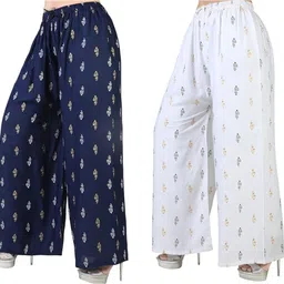palazzo designs Pack of 2 Women Regular Fit White, Blue Viscose Rayon Trousers-picture-17
