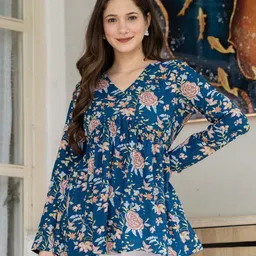 anekya Casual Roll Up Sleeves Floral Print Women Blue Top image 1