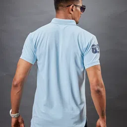 3bros Men Solid Polo Neck Cotton Blend Blue T-Shirt image 3