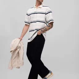 The Souled Store Men Striped Polo Collar Cotton Oversized T-shirt image 2