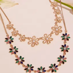 AMI Set Of 2 Rose Gold-Plated Artificial Stones Studded Floral Necklace-image-92