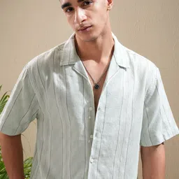 HIGHLANDER Men Cuban Collar Striped Cotton Relaxed Fit Casual Shirt-image-58