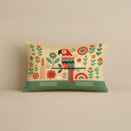 STITCHNEST Cream-Coloured & Green 2 Pieces Ethnic Motifs Satin Rectangle Cushion Covers image 5