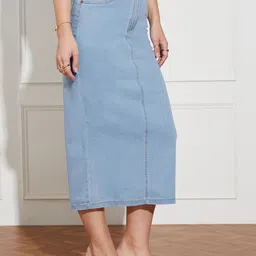 Miss Chase High Rise Stretchable A-Line Midi Denim Skirt image 3