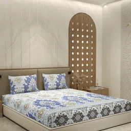 Monte Carlo Blue & White Printed Cotton 210 TC Queen Bedsheet Set 2.24 m x 2.54 m image 5