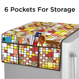 E-Retailer 8Pc Brown & Yellow Printed Waterproof 3-Layered Refrigerator Covers With Pocket image 5