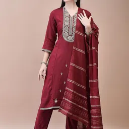 Shree Floral Embroidered Thread Work Liva Kurta with Trouser & Dupatta-image-80