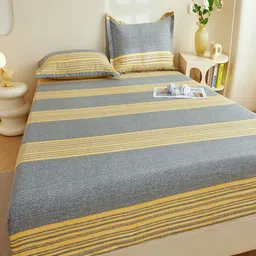 JC HOME Grey & Yellow Striped Cotton 240 TC Single Bedsheet with 1 Pillow Cover-1.2m x 2m image 2