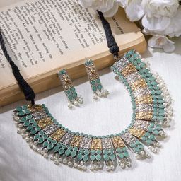 Priyaasi Silver Plated Mint Oxidized Pearl Ethnic Necklace & Earrings-picture-20