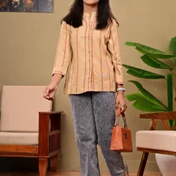 DMP EXPORT Women Brown Viscose Rayon Mandarin Collar Casual Shirt Style Top-image-46