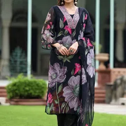 Rujave Floral Printed Mirror Work Straight Kurta With Trousers & Dupatta-picture-26