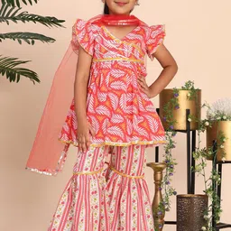Cutiekins Girls Floral Printed Regular Gotta Patti Kurta with Sharara & Dupatta-picture-34
