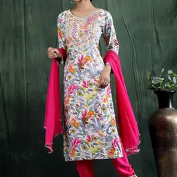 SHIFORY Floral Printed Mirror Work Straight Kurta With Trousers & Dupatta image 4