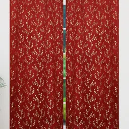 FABDRAPE Maroon & Gold-Toned 2 Pieces Floral Printed Room Darkening Velvet Window Curtains-image-0