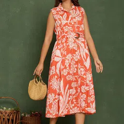 ARAVALII Floral Printed Cotton Fit & Flare Midi Dress image 4